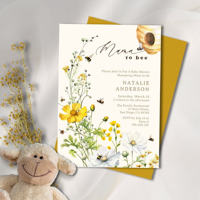 Convites Mãe russa ao Chá de fraldas de flores silvestres d (Rustic Mama to Bee Garden Wildflowers Baby Shower Invitation)