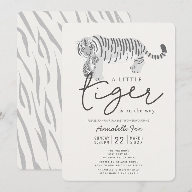 Convites Mãe Tiger & Cub Cream Chá de fraldas Neutro por Gê (Frente/Verso)