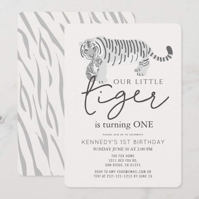 Convites Mãe Tiger & Cub Modern Cream primeiro aniversario (Frente/Verso)