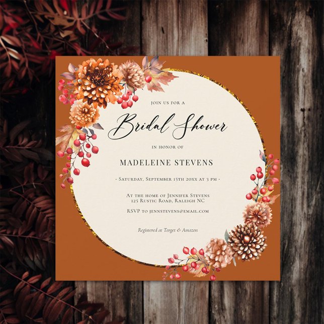 Convites Mães de queda simples Berries Terracotta Bridal (fall floral wreath simple bridal shower invitation mums poms berries terracotta copper burgundy)