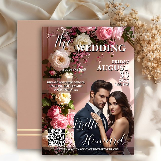 Convites Magazine Cover Glam Wedding (Elegant wedding invitation in retro magazine cover style.= with pink floral rose arch)