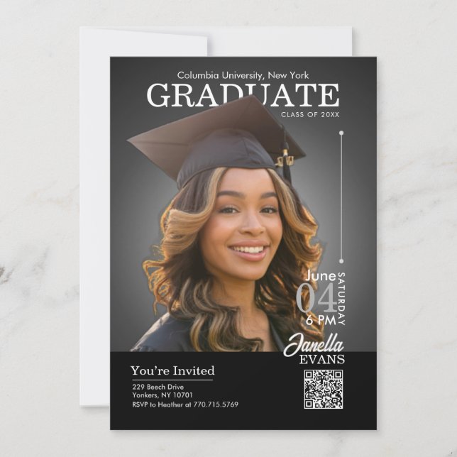 Convites Magazine Cover Graduation Cap down Black (Frente)