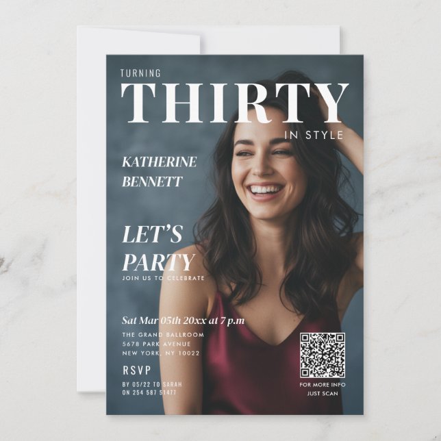 Convites Magazine Cover Photo 30th Birthday Party QR Code (Frente)