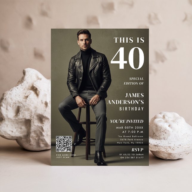 Convites Magazine Cover Photo Mens 40th Birthday QR Code (Criador carregado)