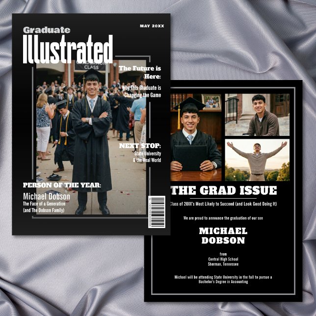 Convites Magazine Four Photo Black Graduation Announcement (Magazine Four Photo Black Graduation Announcement)