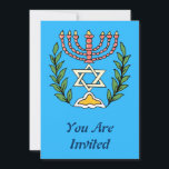 Convites Magen Persa David Menorah<br><div class="desc">Esta imagem foi adaptada de um antigo azulejo judeu persa e apresenta uma menorah com um Magen David (Estrela de David) enquadrado por ramos de oliveira. As imperfeições da imagem original pintada à mão foram preservadas.</div>