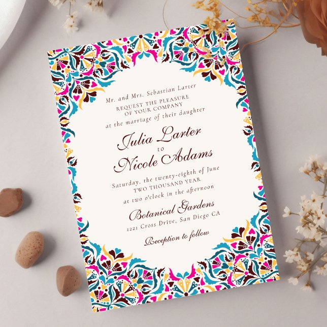 Convites Magenta Azul Amarelo Caprichoso Floral Casamento (Criador carregado)