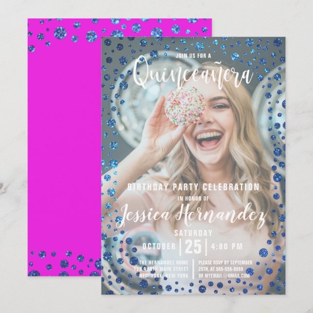 Convites Magenta Blue Glitter Confetti Foto Quinceañera (Frente/Verso)