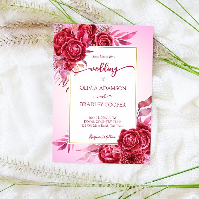 Convites Magenta carmesim flores borgonha rosas rosa ombre (Criador carregado)