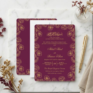 Convites Magenta e Dourado Floral Casamento Islâmico Muçulm