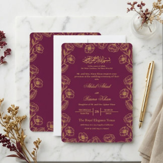 Convites Magenta e Dourado Floral Casamento Islâmico Muçulm