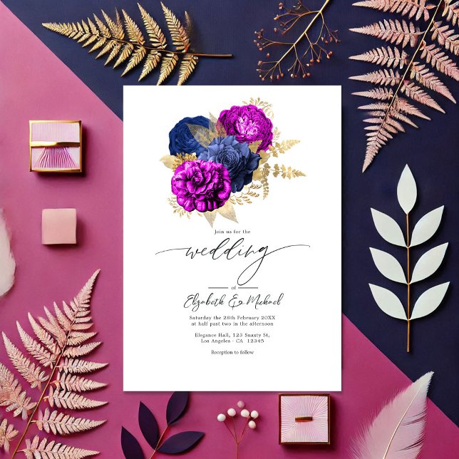 Convites Magenta Elegante, Marinho e Casamento Floral Doura (Elegant Magenta, Navy, and Gold Floral Wedding Invitation)