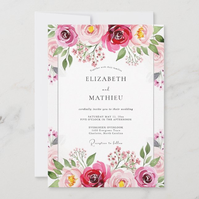 Convites Magenta Floral Brushstroke Wedding (Frente)