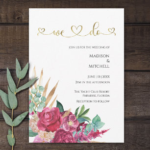 Convites Magenta Floral Rosa Elegante Coração Script Dourad