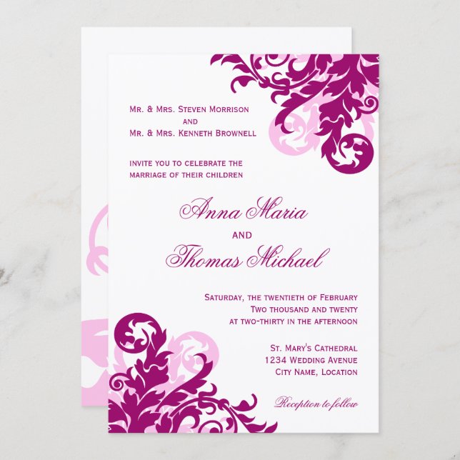 Convites Magenta Flourish Wedding (Frente/Verso)