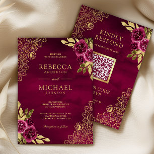 Convites Magenta Fuchsia Floral Dourado Renda Código QR Cas