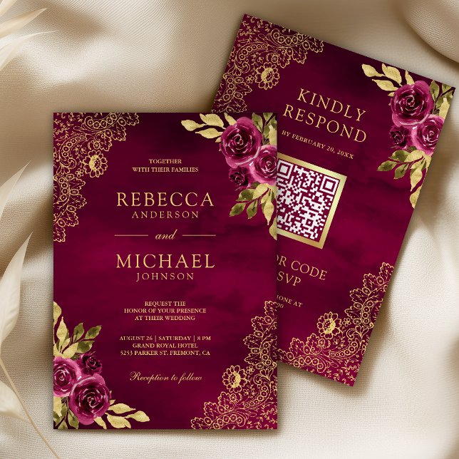 Convites Magenta Fuchsia Floral Dourado Renda Código QR Cas (Criador carregado)
