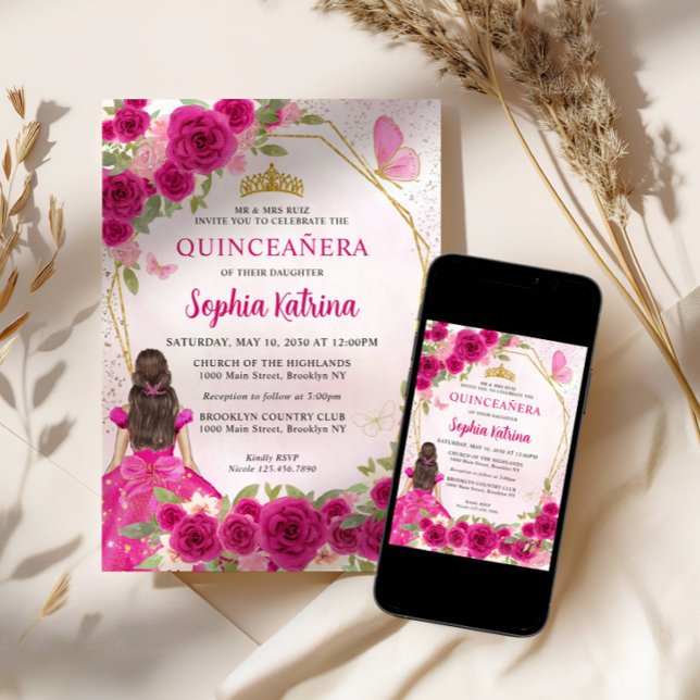 Convites Magenta Glam Dourada Floral Princesa Quinceañera (Criador carregado)