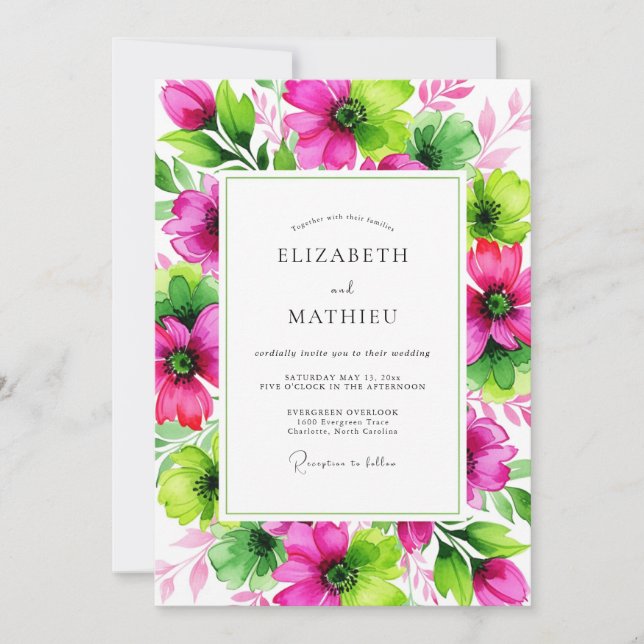 Convites Magenta Lime Vivid Botanical Wedding (Frente)