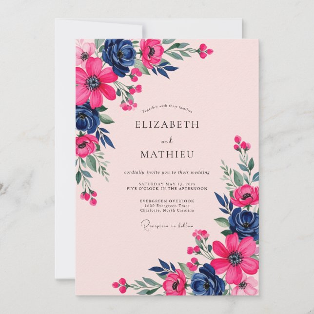 Convites Magenta Navy Botanical Spring Wedding (Frente)