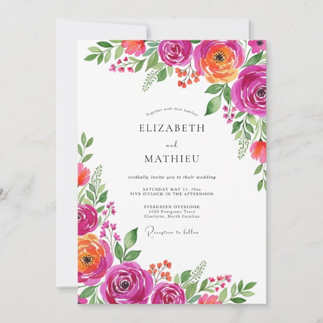 Convites Magenta Orange Bloom Romance Wedding (Frente)