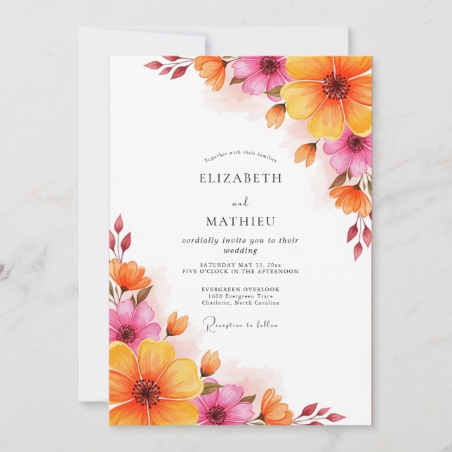 Convites Magenta Orange Lush Summer Wedding (Frente)