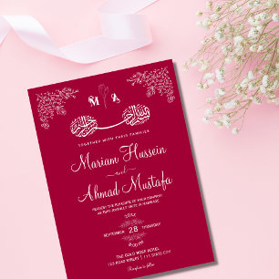 Convites Magenta Red Floral Muçulmano Islâmico Nikah Weddin