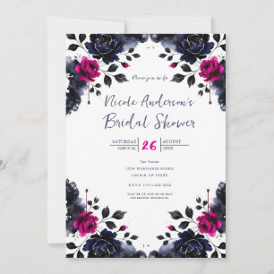 Convites Magenta Rosa Azul Floral Tinta Aguarela Nupcial