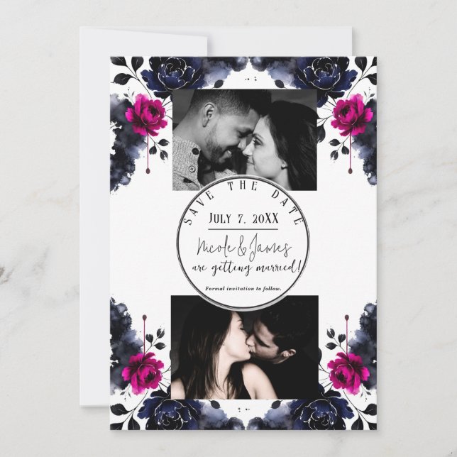 Convites Magenta Rosa Azul Tinta Floral Aquarela Salvar Dat (Frente)