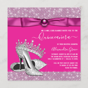 Convites Magenta Rosa Brilhante Diamante Tiara Sapato Quinc