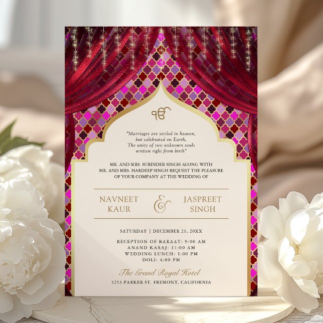 Convites Magenta Rosa Dourado Código QR Quatrefoil Casament (Criador carregado)