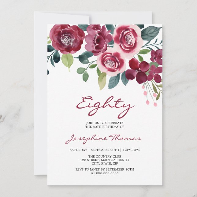 Convites Magenta Rosa Floral Botânica Aniversário (Frente)