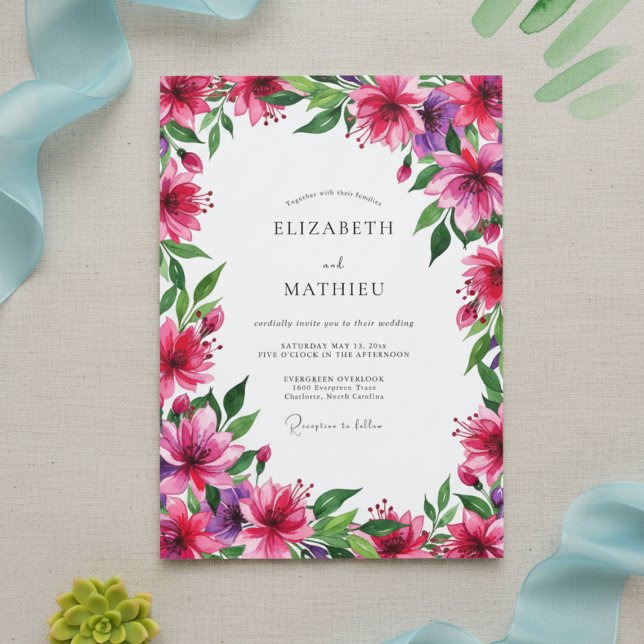 Convites Magenta Vibrant Floral Wedding (Criador carregado)