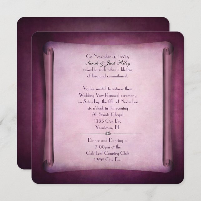 Convites Magenta Wedding Vow Renewal Scroll (Frente/Verso)