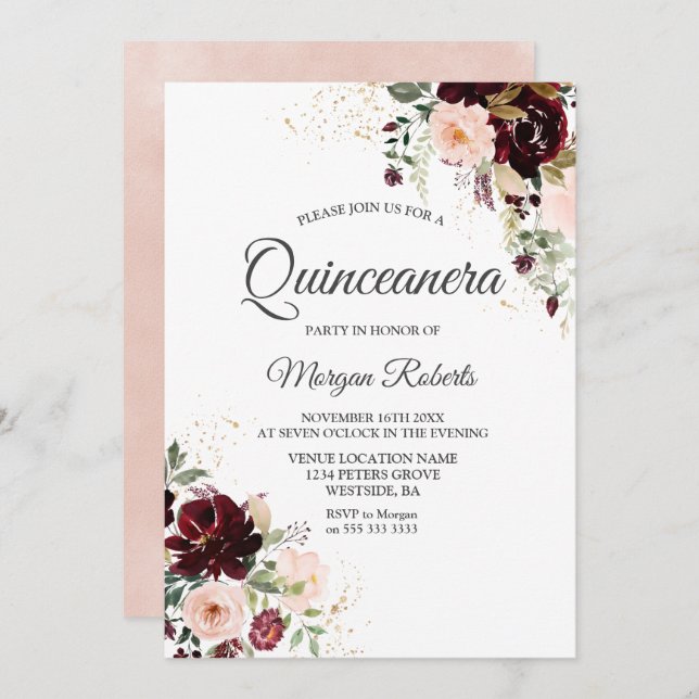 Convites Magia Borgonha Blush Red Wine Floral Quinceanera (Frente/Verso)