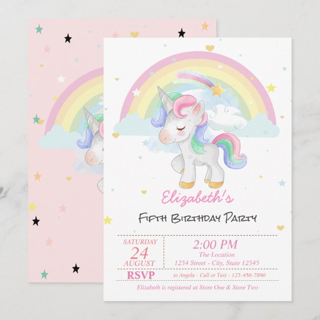 Convites Magia Unicorn Rainbow Stars Aniversário (Frente/Verso)