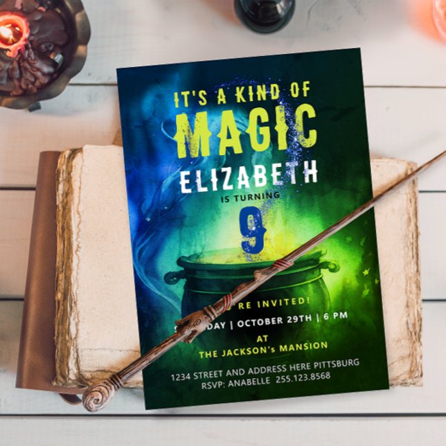 Convites Magic Cauldron Green Blue Witch Wizard Spell Bday (Criador carregado)