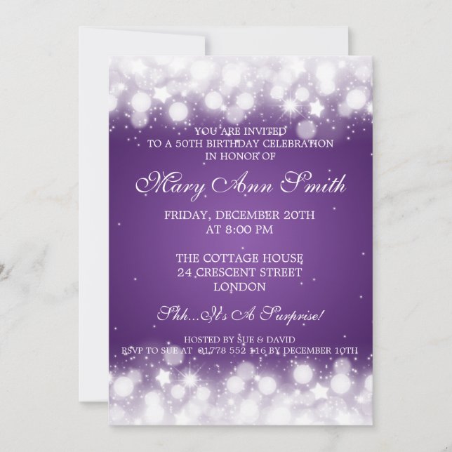 Convites Magic Sparkle Roxo Elegante da 50ª Festa de aniver (Frente)