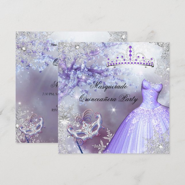 Convites Mágica Princesa Quinceanera Mascarada Roxa (Frente/Verso)