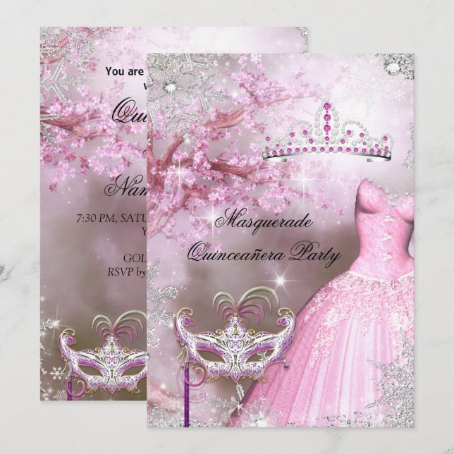 Convites Mágica Princesa Quinze Anos Mascarada Rosa (Frente/Verso)