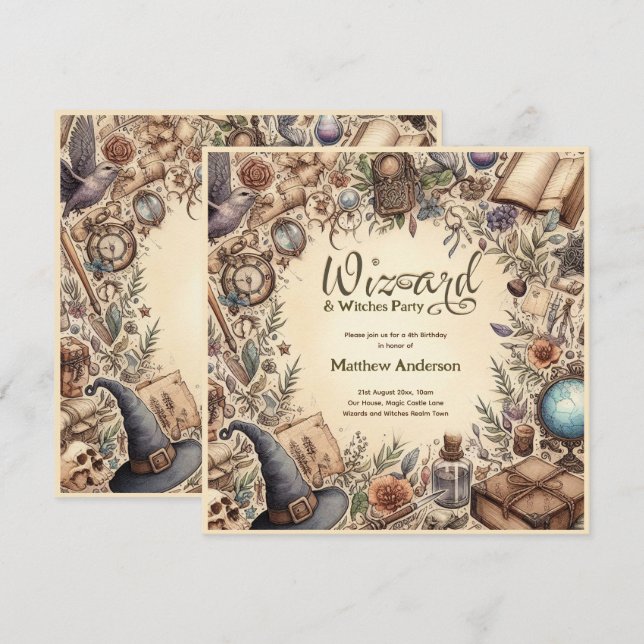 Convites Mágica Vintage do Partido das Bruxas (Frente/Verso)