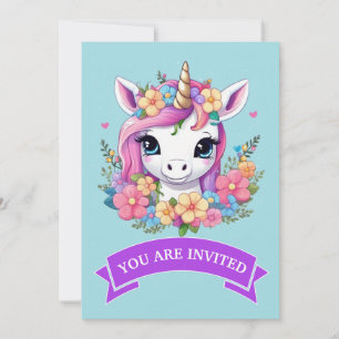 Convites Magical Baby Unicorn with Flowers