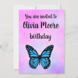 Convites Magical blue butterfly pink glitter art 