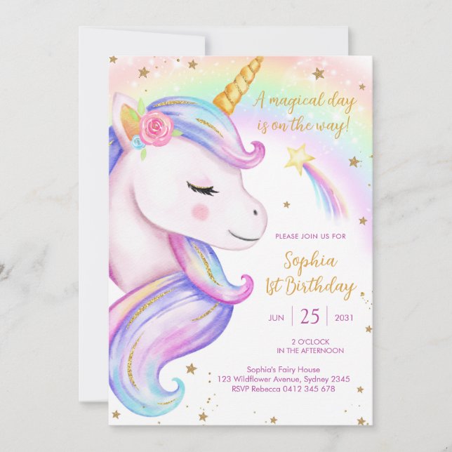 Convites Magical Day Unicorn and Rainbows Birthday (Frente)