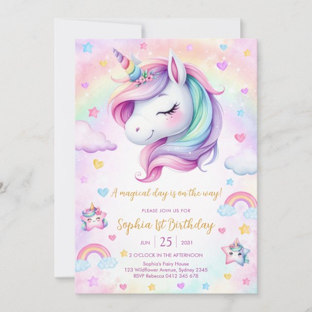 Convites Magical Day Unicorn and Rainbows Birthday (Frente)