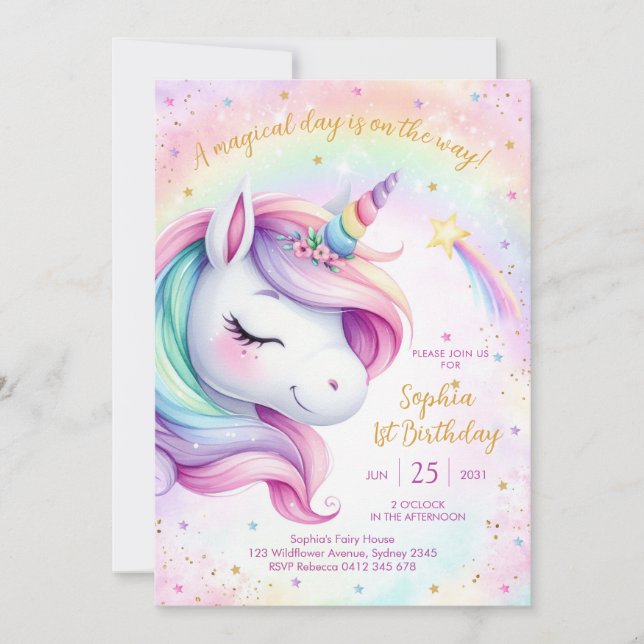 Convites Magical Day Unicorn and Rainbows Birthday (Frente)