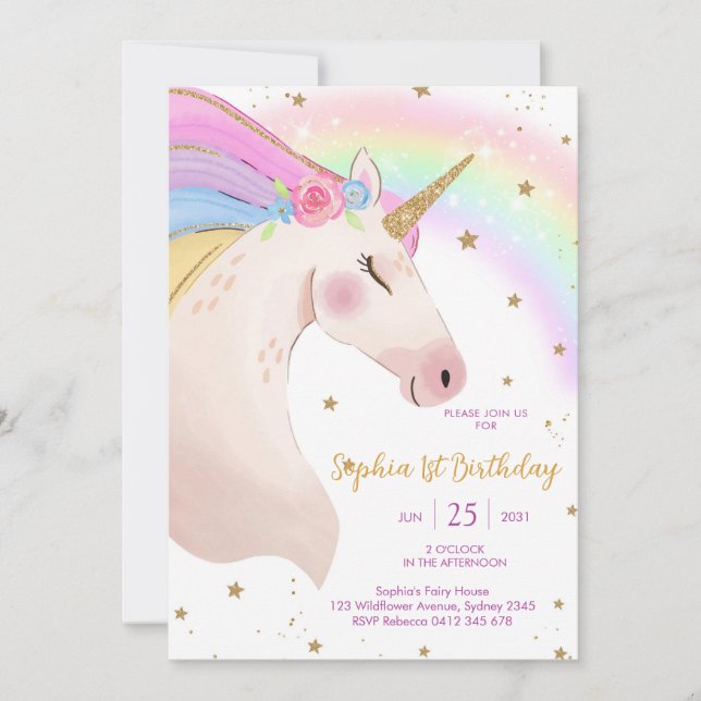 Convites Magical Day Unicorn and Rainbows Birthday (Frente)