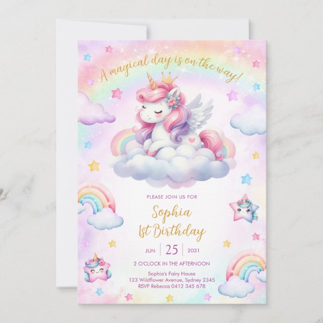 Convites Magical Day Unicorn and Rainbows Birthday (Frente)
