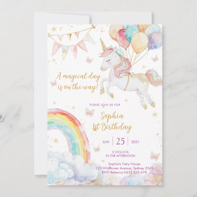 Convites Magical Day Unicorn and Rainbows Birthday Invitati (Frente)