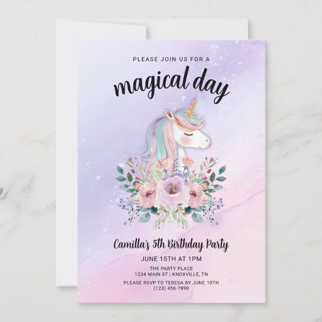 Convites Magical Day Unicorns and Flowers Birthday Party (Frente)